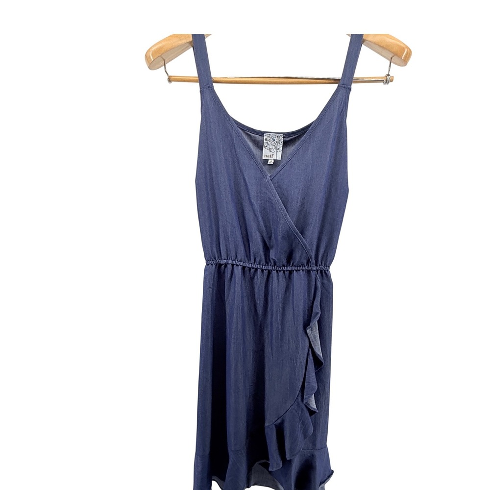 Naif Womens Blue Faux Denim Wrap Front Ruffle‎ High Low Dress 
Size M